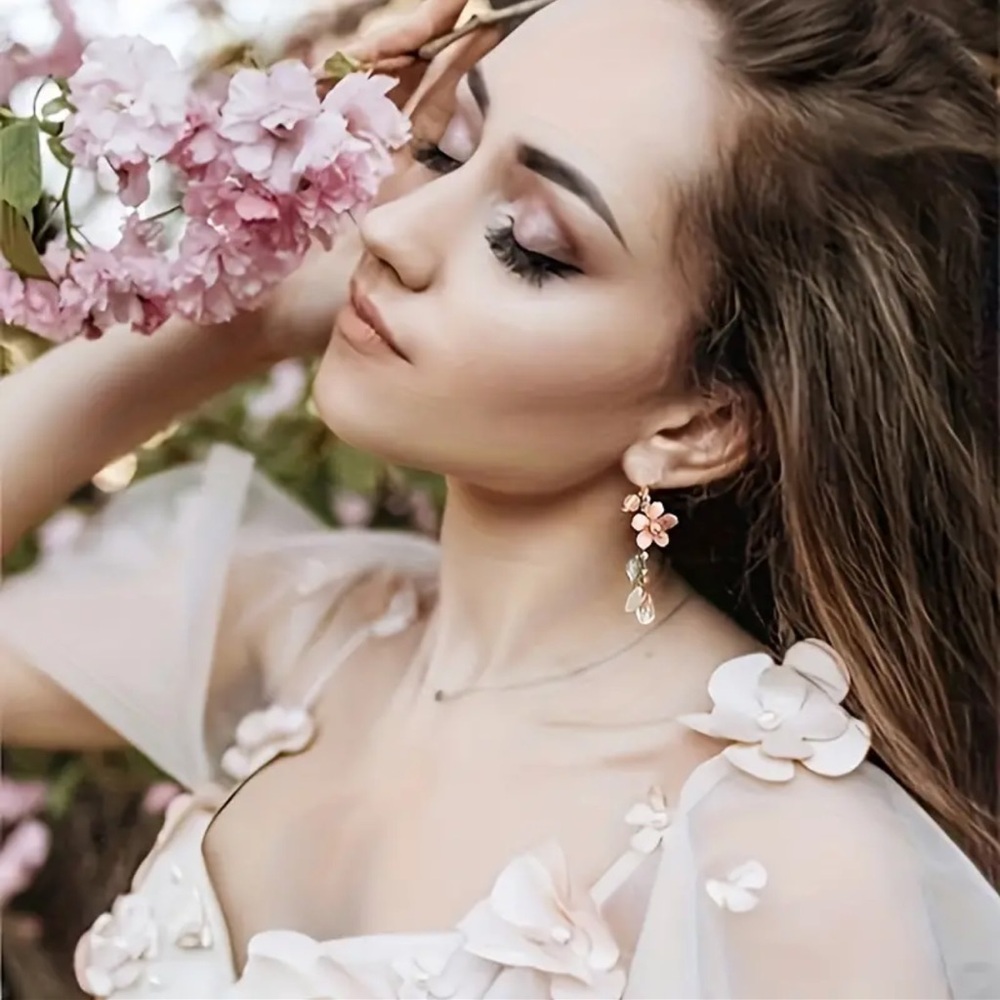 Pink Floral Gold Drop Earrings NWT | Pearl Dangle Statement Earrings